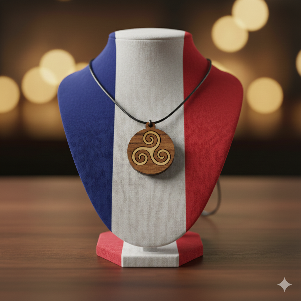 Pendentif Triskel Breton artisanal homme ou femme – bois de noyer et buis – Image 4